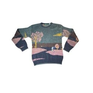 Vintage Campus Men's Large Golf Scene Sweater Crewneck Knitwear Gray Menswear